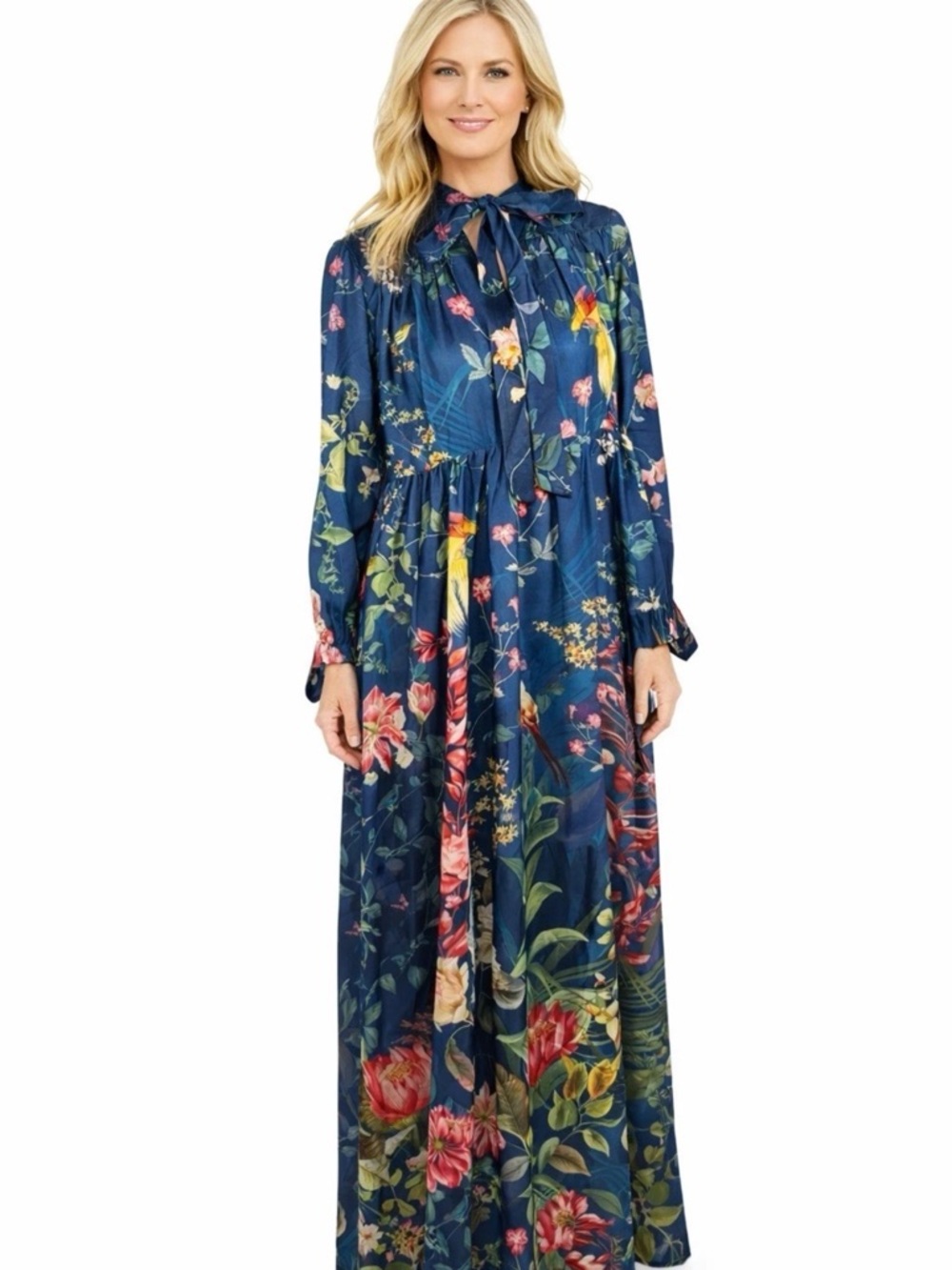 Navy Floral Tie-Neck Maxi Dress